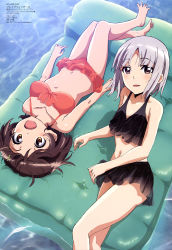 Rule 34 | 2girls, absurdres, arms at sides, barefoot, bikini, bikini skirt, black bikini, brave witches, brown eyes, brown hair, copyright name, dated, edytha rossmann, feet, from above, from side, front-tie bikini top, front-tie top, full body, halterneck, highres, karibuchi hikari, katayama keisuke, legs together, mc axis, multiple girls, official art, parted bangs, red bikini, see-through, short hair, silver hair, spread toes, swimsuit, toes, world witches series