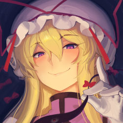 Rule 34 | 1girl, black background, blonde hair, blush, boa (brianoa), bow, closed mouth, commentary, dress, english commentary, eyelashes, eyes visible through hair, gap (touhou), gloves, grey hat, hair between eyes, hand up, hat, hat bow, highres, juliet sleeves, light, long hair, long sleeves, looking at viewer, mob cap, puffy sleeves, purple eyes, red bow, smile, smug, solo, tabard, touhou, upper body, white dress, white gloves, yakumo yukari