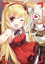 Rule 34 | arm warmers, black pantyhose, black ribbon, blonde hair, blush, breasts, coffee, commentary request, cubicle, dress, girls&#039; frontline, hairband, jacknavy, layered skirt, long hair, looking at viewer, m9 (girls&#039; frontline), medium breasts, one eye closed, pantyhose, police badge, reaching, reaching towards viewer, red dress, red eyes, ribbon, selfie, skirt, solo