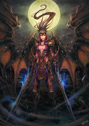 Rule 34 | 1girl, armor, breasts, center opening, cleavage, demon wings, dual wielding, full moon, holding, moon, neoartcore, original, signature, solo, sword, weapon, wings