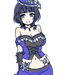 Rule 34 | arms behind back, asaka karin, bare shoulders, black gloves, blue eyes, blue hair, breasts, cleavage, commentary request, cross-laced clothes, dot nose, elbow gloves, flower, frills, gloves, hair ornament, hairclip, hat, jewelry, large breasts, looking at viewer, love live!, love live! nijigasaki high school idol club, mole, mole on collarbone, navel, necklace, purple armband, purple hat, purple shirt, purple skirt, rose, shinanoya (satanicad), shirt, short hair, sidelocks, skirt, smile, starlight (love live!), stomach, wavy hair, white background, white flower, white rose