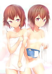 Rule 34 | 2girls, breasts, brown hair, bucket, collarbone, convenient censoring, covering privates, cowboy shot, highres, multiple girls, naked towel, nude, nude cover, red eyes, short hair, siblings, sisters, small breasts, steam, steam censor, towel, twins, xiaodi
