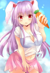Rule 34 | 1girl, animal ears, blouse, blue bra, blush, bra, breasts, rabbit ears, carrot, cleavage, commentary, commentary request, day, highres, large breasts, light purple hair, long hair, looking at viewer, midriff, navel, ncatabc, open mouth, outdoors, pleated skirt, red eyes, reisen udongein inaba, see-through, shirt, short sleeves, skirt, solo, touhou, underwear, very long hair, white shirt