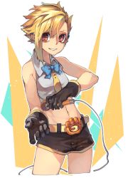 Rule 34 | 1girl, absurdres, bare shoulders, belt, blonde hair, blue bow, blue neckwear, bow, bowtie, brown gloves, brown shorts, collared shirt, cowboy shot, cropped legs, ear piercing, gloves, highres, holding, holding microphone, looking at viewer, microphone, midriff, navel, necktie, original, piercing, red eyes, reiga (act000), shirt, short shorts, shorts, sidelocks, sleeveless, sleeveless shirt, smile, solo, standing, white shirt, wing collar, yellow neckwear