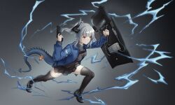 Rule 34 | 1girl, absurdres, arknights, bestramos, black shirt, black skirt, black thighhighs, blue jacket, breasts, character doll, closed mouth, commentary request, franka (arknights), full body, gradient background, grey background, grey footwear, grey hair, gun, handgun, highres, holding, holding gun, holding shield, holding weapon, horns, jacket, lightning, liskarm (arknights), long sleeves, medium breasts, open clothes, open jacket, pleated skirt, ponytail, puffy long sleeves, puffy sleeves, riot shield, shield, shirt, shoes, skirt, sleeves past wrists, solo, tail, thighhighs, weapon
