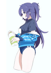 Rule 34 | 1girl, blue archive, blue buruma, blue eyes, blue hair, blue jacket, blue shirt, bottle, breasts, buruma, commentary request, cropped legs, from side, gym uniform, highres, holding, holding bottle, id card, jacket, jacket partially removed, long hair, long sleeves, looking at viewer, medium breasts, official alternate costume, ponytail, shirt, short sleeves, simple background, solo, star sticker, sticker on face, thighs, uuutyts, water bottle, white background, yuuka (blue archive), yuuka (track) (blue archive)