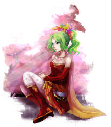 Rule 34 | 1990s (style), 1girl, cape, detached sleeves, female focus, final fantasy, final fantasy vi, full body, gradient background, green eyes, green hair, long hair, matching hair/eyes, pantyhose, ponytail, retro artstyle, sitting, solo, tina branford, wakameron, white background