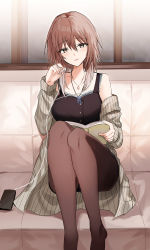 Rule 34 | 1girl, aketa mikoto, black pantyhose, book, brown hair, cellphone, collarbone, couch, earphones, gradient hair, grey hair, head tilt, highres, holding, holding book, idolmaster, idolmaster shiny colors, jacket, jacket partially removed, jewelry, kinona, knees up, looking at viewer, multicolored hair, necklace, office, on couch, pantyhose, phone, shirt, sitting, sleeveless, sleeveless shirt, solo, striped clothes, striped jacket, window