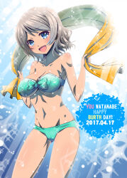Rule 34 | 1girl, ai wa muteki, bikini, blue eyes, breasts, character name, cleavage, collarbone, commentary request, dated, english text, engrish text, green bikini, grey hair, happy birthday, highres, holding, large breasts, looking at viewer, love live!, love live! sunshine!!, ranguage, short hair, smile, solo, strapless, strapless bikini, swimsuit, underboob, upper body, watanabe you
