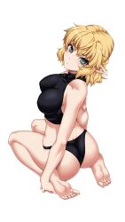 Rule 34 | 1girl, absurdres, ass, back, barefoot, black bra, black panties, blonde hair, blush, bra, breasts, closed mouth, commentary request, feet, full body, green eyes, highres, large breasts, looking at viewer, looking back, medium bangs, mizuhashi parsee, ootsuki wataru, panties, pointy ears, seiza, short hair, simple background, sitting, soles, solo, toes, touhou, underwear, underwear only, white background
