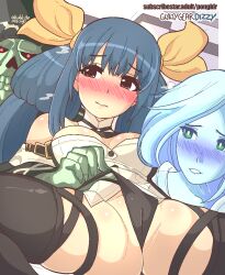 Rule 34 | 1boy, 2girls, bare shoulders, black panties, blue hair, boots, border, bow, breasts, brown eyes, cameltoe, cleft of venus, clothing aside, collar, detached collar, dizzy (guilty gear), guilty gear, hair ornament, large breasts, long hair, multiple girls, necro (guilty gear), panties, panties aside, panty pull, pongldr, pussy, ribbon, self-upload, simple background, skeleton, solo focus, thick thighs, thigh boots, thighhighs, thighs, twintails, underwear, undine (guilty gear), white border, yellow ribbon