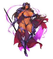 Rule 34 | 1girl, abs, absurdres, armor, armored boots, bikini, bikini armor, black garter belt, boots, breasts, brown hair, cape, cleavage, closed mouth, collarbone, commentary, dark-skinned female, dark skin, fingerless gloves, floating hair, full body, garter belt, gauntlets, gloves, glowing, glowing weapon, groin, gurimjang, halterneck, headgear, high heel boots, high heels, highres, holding, holding scythe, huge breasts, large breasts, long hair, looking at viewer, muscular, muscular female, navel, original, purple armor, purple bikini, purple eyes, red cape, red lips, revealing clothes, scythe, sidelocks, simple background, single bare shoulder, skindentation, smile, solo, standing, standing on one leg, stomach, swimsuit, very long hair, weapon, white background