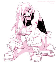 Rule 34 | 1girl, bandaid, bandaid on arm, bare shoulders, clothes around waist, collarbone, d.va (overwatch), facepaint, facial mark, female focus, jacket, jacket around waist, limited palette, long hair, mangododo, monochrome, overwatch, overwatch 1, screwdriver, shoes, sitting, solo, spot color, tank top, twitter username, whisker markings, white background, wrench