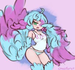 Rule 34 | 1girl, ahoge, artist name, bird legs, blue feathers, blue hair, blue panties, breasts, chaosferret, cleavage, commentary, english commentary, feathered wings, feathers, green eyes, hair over one eye, highres, medium breasts, multicolored hair, original, panties, pink background, pink feathers, pink hair, pink wings, print shirt, shirt, solo, tank top, two-tone hair, two-tone wings, underwear, white tank top, winged arms, wings