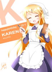 Rule 34 | 1girl, :d, ^ ^, absurdres, apron, blonde hair, blush, buttons, character name, closed eyes, commentary request, dated, dress, english text, facing viewer, frilled apron, frills, hair ornament, happy, happy birthday, head scarf, highres, holding, holding pen, kin-iro mosaic, kujou karen, long hair, long sleeves, march (sakamoto takuya), open mouth, pen, purple dress, signature, smile, solo, standing, very long hair, waitress, white apron, white background, white headwear, x hair ornament