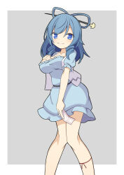 Rule 34 | 1girl, bare legs, blue eyes, blue hair, breasts, closed mouth, commentary request, feet out of frame, grey background, hair ornament, hair rings, hair stick, hand on own chest, hand up, hekkmushi, highres, kaku seiga, knees together feet apart, light blush, light smile, long hair, looking at viewer, medium breasts, puffy short sleeves, puffy sleeves, short sleeves, simple background, solo, touhou, vest, white vest