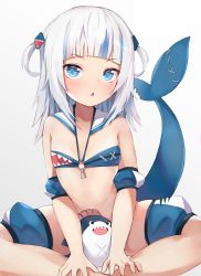 Rule 34 | 1girl, :o, armpit crease, bikini, bikini top only, bloop (gawr gura), blue eyes, blue hair, blunt bangs, breasts, butterfly sitting, feet out of frame, fins, fish tail, gawr gura, gradient background, hair ornament, hololive, hololive english, light blush, looking at viewer, medium hair, multicolored bikini, multicolored clothes, multicolored hair, o-ring, o-ring top, open mouth, print bikini, shark girl, shark hair ornament, shark print, shark tail, sidelocks, silver hair, simple background, sitting, small breasts, solo, source request, streaked hair, string bikini, swimsuit, tail, virtual youtuber