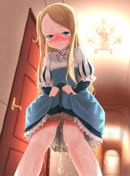 Rule 34 | 1girl, ascot, backlighting, blonde hair, blue eyes, blue skirt, blush, chandelier, clothes lift, crying, door, embarrassed, female focus, flat chest, frilled skirt, frills, half-closed eyes, high-waist skirt, highres, indoors, layered sleeves, lifted by self, long hair, looking down, mary (princess principal), nose blush, one side up, pee, peeing, peeing self, princess principal, princess principal crown handler, puffy sleeves, shirt, sidelocks, skirt, skirt lift, solo, standing, tears, urabe miyabi, wet, wet clothes, white ascot, white shirt