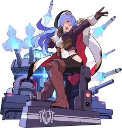 Rule 34 | 1girl, arm up, armored boots, artist request, battleship, beret, black hat, black leggings, blue hair, boots, breasts, brown footwear, brown gloves, brown thighhighs, cape, covered navel, female focus, from side, full body, fur-trimmed cape, fur trim, gloves, glowing, green eyes, hair over one eye, half-closed eyes, hand up, hat, highres, hip vent, jacket, large breasts, leggings, leotard, long hair, long sleeves, looking to the side, military, military vehicle, missile, non-web source, official art, open clothes, open jacket, open mouth, outstretched arm, pouch, purple jacket, scar, scar across eye, scar on face, ship, sidelocks, sirene (world flipper), sitting, smoke, solo, teeth, thigh boots, thighhighs, transparent background, two-sided cape, two-sided fabric, v-shaped eyebrows, warship, watercraft, white cape, white leotard, world flipper