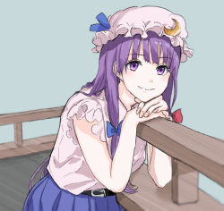 Rule 34 | 1girl, belt, blue bow, blue skirt, blunt bangs, blush, bow, breasts, commentary request, crescent, crescent hair ornament, crescent hat ornament, crescent pin, eyelashes, frilled sleeves, frills, hair bow, hair ornament, hat, hat bow, hat ornament, kashiwada kiiho, long hair, looking at viewer, mob cap, one-hour drawing challenge, patchouli knowledge, pink shirt, pleated skirt, purple eyes, purple hair, red bow, shirt, sidelocks, skirt, sleeveless, sleeveless shirt, smile, solo, touhou, very long hair