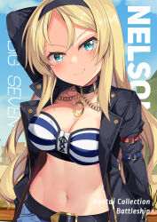 Rule 34 | 1girl, arm up, bandeau, belt, black belt, black choker, black hairband, black jacket, blonde hair, blue eyes, blue sky, breasts, character name, choker, cleavage, commentary request, cosplay, day, gold city (umamusume), gold city (umamusume) (cosplay), hairband, highres, jacket, kantai collection, long hair, long sleeves, looking at viewer, medium breasts, midriff, navel, nelson (kancolle), open clothes, open jacket, outdoors, sky, smile, solo, stomach, strapless, striped bandeau, tube top, umamusume, upper body, very long hair, yasume yukito