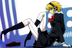 Rule 34 | 1girl, aegis (persona), android, arm support, atlus, black skirt, black socks, blonde hair, bow, bowtie, breasts, closed mouth, emblem, from side, full body, headphones, kneehighs, leaning back, legs up, loafers, long sleeves, looking at viewer, looking to the side, medium breasts, michael f91, pants, persona, persona 3, profile, purple footwear, red bow, red bowtie, school uniform, shoes, unworn shoes, short hair, skirt, smile, socks, solo, white pants