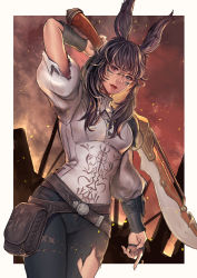 Rule 34 | 1girl, animal ears, arm at side, arm behind head, arm up, asymmetrical sleeves, warrior of light (ff14), border, bracer, brown hair, dutch angle, embers, facial mark, final fantasy, final fantasy xiv, glasses, green eyes, gunblade, gunbreaker (final fantasy), heterochromia, highres, holding, holding weapon, lips, lipstick, long hair, long sleeves, looking at viewer, makeup, pants, parted lips, puffy long sleeves, puffy short sleeves, puffy sleeves, rabbit ears, red eyes, red lips, rimless eyewear, shirt, short sleeves, solo, tan, torn clothes, torn pants, torn sleeves, udongo99, viera, weapon