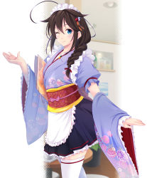 1girl, ;), ahoge, alternate costume, blue eyes, blurry, blurry background, blush, braid, brown hair, cafe, ceiling, commentary request, cowboy shot, detached sleeves, floral print, food, frilled sleeves, frills, from side, fruit, hair between eyes, hair flaps, hair ornament, hair over shoulder, hand up, highres, kantai collection, looking at viewer, looking to the side, maid headdress, map (blue catty), obi, one eye closed, orange, pink ribbon, remodel (kantai collection), ribbon, sash, shigure (kancolle), single braid, smile, solo, table, thighhighs, wa maid, white legwear, wide sleeves, zettai ryouiki