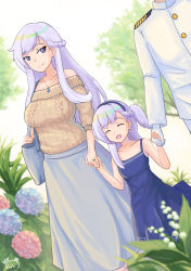 Rule 34 | 1boy, 2girls, :d, ^ ^, absurdres, alternate costume, azur lane, bag, bare shoulders, belfast (azur lane), blue dress, blurry, braid, casual, closed eyes, collarbone, commander (azur lane), commentary request, contemporary, depth of field, dress, family, father and daughter, flower, gloves, grey eyes, hairband, handbag, highres, holding hands, hydrangea, jewelry, little bel (azur lane), long hair, meatbun 33, military, military uniform, mother and daughter, multiple girls, naval uniform, necklace, off-shoulder sweater, off shoulder, one side up, open mouth, out of frame, silver hair, size difference, smile, sweater, uniform, white gloves