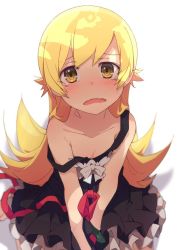 Rule 34 | 1girl, blonde hair, blush, collarbone, dress, fangs, frilled dress, frills, long hair, looking at viewer, monogatari (series), ogipote, open mouth, oshino shinobu, pointy ears, ribbon, sad, simple background, solo, tears, vampire, white background, yellow eyes
