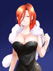 Rule 34 | 1girl, aozaki touko, bangle, bare shoulders, black dress, blue background, bracelet, breasts, cigarette, cleavage, dress, earrings, feather boa, formal, hair over one eye, half-closed eyes, highres, jewelry, kara no kyoukai, large breasts, long hair, neji (ultramarinesunset), pantyhose, ponytail, red eyes, red hair, smile, solo, strapless, strapless dress