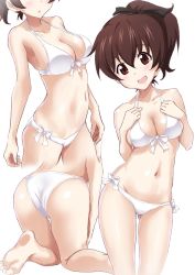 Rule 34 | 10s, 1girl, ass, bad id, bad twitter id, bare arms, bare legs, bare shoulders, barefoot, bikini, black ribbon, breasts, brown eyes, brown hair, cleavage, contrapposto, front-tie bikini top, front-tie top, gin&#039;you haru, girls und panzer, gluteal fold, hair ribbon, halterneck, halterneck, hands on own chest, highres, inactive account, kneeling, koyama yuzu, large breasts, looking at viewer, multiple views, navel, open mouth, ribbon, simple background, smile, stomach, swimsuit, thighs, white background, white bikini