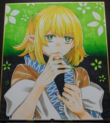 Rule 34 | 1girl, black background, black shirt, blonde hair, brown shirt, closed mouth, commentary request, covering own mouth, gradient background, green background, green eyes, green nails, hand over own mouth, highres, looking at viewer, matsuri kyuuta, mizuhashi parsee, multicolored nails, nail polish, pointy ears, red nails, shikishi, shirt, short hair, short ponytail, solo, touhou, traditional media, undershirt, upper body