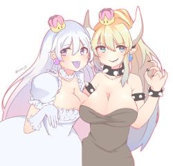 Rule 34 | 2girls, absurdres, akabuchi megane, aqua eyes, armlet, bare shoulders, black dress, blonde hair, blush, bowsette, bracelet, breasts, cleavage, collar, collarbone, commentary, crown, detached collar, dress, earrings, fingernails, frilled collar, frilled dress, frilled gloves, frills, gloves, highres, horns, jewelry, large breasts, long fingernails, long hair, looking at viewer, luigi&#039;s mansion, mario (series), mini crown, multiple girls, nail polish, new super mario bros. u deluxe, nintendo, pointy ears, ponytail, princess king boo, puffy short sleeves, puffy sleeves, purple eyes, sharp teeth, short sleeves, sidelocks, simple background, sleeveless, sleeveless dress, smile, spiked armlet, spiked bracelet, spiked collar, spikes, strapless, strapless dress, super crown, teeth, tilted headwear, tongue, tongue out, twitter username, white background, white dress, white gloves, white hair