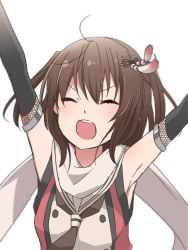 Rule 34 | 10s, 1girl, armpits, arms up, bare shoulders, black gloves, black neckerchief, blush, brown hair, buttons, closed eyes, commentary request, elbow gloves, gloves, hair between eyes, hair ornament, kantai collection, neckerchief, open mouth, rinto (rint rnt), round teeth, scarf, school uniform, sendai (kancolle), sendai kai ni (kancolle), serafuku, simple background, smile, solo, teeth, upper body, white background, white scarf