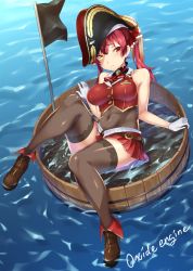 Rule 34 | 1girl, artist request, belt, black thighhighs, breasts, commentary request, flag, floating, full body, gloves, hat, heterochromia, highres, hololive, houshou marine, leotard, leotard under clothes, looking at viewer, medium breasts, navel, ocean, pirate hat, red hair, ribbon, see-through, see-through leotard, sleeveless, solo, thighhighs, tomonao, virtual youtuber, water
