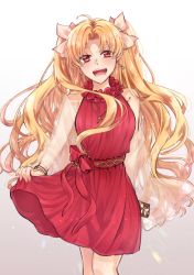 Rule 34 | 1girl, :d, ahoge, blonde hair, bow, box, cross, cross necklace, dress, earrings, ereshkigal (bitter sweet) (fate), ereshkigal (fate), fate/grand order, fate (series), floating hair, hair between eyes, hair bow, holding, holding box, jewelry, looking at viewer, necklace, open mouth, red bow, red dress, red eyes, red ribbon, ribbon, short dress, simple background, skirt hold, sleeveless, sleeveless dress, smile, solo, standing, takamatsu (yamajiai), white background, white bow