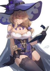 Rule 34 | 1girl, arm support, book, breasts, brown hair, capelet, cleavage, flower, genshin impact, gloves, green eyes, hat, hat belt, hat flower, highres, holding, holding book, lace trim, large breasts, lisa (genshin impact), looking at viewer, low neckline, low tied hair, obiwan, purple capelet, purple flower, purple hat, purple rose, rose, sitting, smile, solo, thighhighs, white background, witch, witch hat