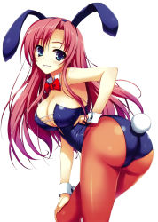 Rule 34 | 1girl, absurdres, animal ears, ass, bent over, blue eyes, bow, bowtie, breasts, cleavage, detached collar, detexted, fake animal ears, female focus, grin, highres, large breasts, leotard, long hair, looking at viewer, looking back, pantyhose, pink hair, playboy bunny, rabbit ears, rabbit tail, simple background, smile, solo, tail, third-party edit, tomose shunsaku, white background