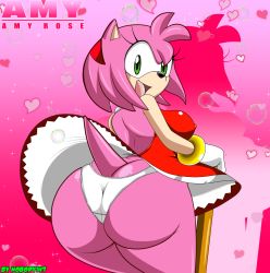 Rule 34 | 1girl, amy rose, artist name, ass, back, backless outfit, bare shoulders, breasts, covered erect nipples, dress, from behind, gloves, green eyes, hairband, highres, huge ass, jewelry, large breasts, looking at viewer, looking back, nobody147, open mouth, panties, pink hair, ring, sega, shiny skin, sideboob, skirt, smile, solo, sonic (series), tail, underwear, upskirt