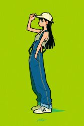 Rule 34 | 1girl, absurdres, aqua eyes, arm up, black hair, blue overalls, blunt bangs, commentary, english commentary, from side, full body, green background, green theme, grey tank top, hand in pocket, highres, long hair, miyoshi yoshimi, orange nails, original, overalls, profile, shadow, shoes, signature, simple background, solo, standing, suspenders, suspenders slip, tank top, white footwear
