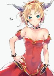 Rule 34 | 1girl, absurdres, bare shoulders, blonde hair, blush, bracelet, breasts, closed mouth, collar, collarbone, commentary request, covered navel, dress, earrings, fate/apocrypha, fate (series), green eyes, grey background, hair ornament, hair scrunchie, hand on own hip, head tilt, highres, horns, jewelry, mario (series), medium breasts, mordred (fate), mordred (fate/apocrypha), new super mario bros. u deluxe, nintendo, ponytail, red dress, red scrunchie, scrunchie, sidelocks, solo, spiked bracelet, spiked collar, spikes, squiggle, strapless, strapless dress, sweat, tomozero