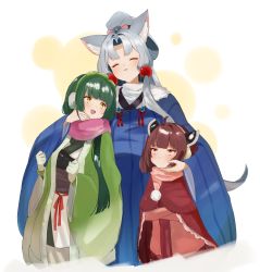Rule 34 | 3girls, :t, absurdres, animal ears, beads, blue kimono, blunt bangs, blush, brown hair, closed eyes, commentary, dark green hair, earmuffs, fur-trimmed kimono, fur trim, gloves, green gloves, green jacket, grey hair, hair beads, hair ornament, hairband, hand on another&#039;s cheek, hand on another&#039;s face, headgear, highres, jacket, japanese clothes, kimono, long hair, looking at another, looking up, multiple girls, obi, open mouth, pea pod, pink jacket, pink scarf, pom pom (clothes), ponytail, pout, red eyes, red shawl, sash, scarf, shawl, short hair, siblings, sidelocks, simple background, sisters, smile, touhoku itako, touhoku kiritan, touhoku zunko, upper body, voiceroid, white background, white kimono, wide sleeves, wolf ears, yakata tata, yellow eyes