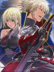 Rule 34 | 1girl, 2boys, alternate breast size, alternate hairstyle, arc system works, bare shoulders, belt, belt skirt, black gloves, black pants, blazblue, blazblue: calamity trigger, blonde hair, blue eyes, breasts, cloud, commentary, detached sleeves, dress, fighting stance, glint, gloves, green eyes, hair between eyes, hair down, hair over one eye, halterneck, high collar, holding, holding weapon, huge weapon, kimura shigetaka, kisaragi jin, large breasts, long coat, long hair, long sleeves, looking at viewer, looking down, looking to the side, multiple belts, multiple boys, necktie, noel vermillion, official art, open clothes, open mouth, outdoors, outstretched arms, pants, ragna the bloodedge, ribbon, shigetaka kimura, short hair, silver hair, sky, spiked hair, spread legs, sword, turtleneck, weapon, wing collar