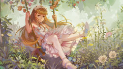 Rule 34 | 1girl, armpit peek, bare arms, bare shoulders, blonde hair, blunt bangs, breasts, brown eyes, closed mouth, commentary, day, dress, flower, forest, frilled dress, frills, full body, grey footwear, hair ribbon, highres, long hair, looking at viewer, nature, original, outdoors, pantyhose, plant, ribbon, scenery, shoes, small breasts, solo, swing, swinging, tea sly, tree, white dress, white pantyhose, white ribbon