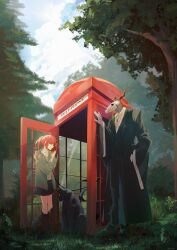 Rule 34 | 1boy, 1girl, absurdres, artist name, black footwear, black robe, black skin, black skirt, bolo tie, colored skin, cones (c0 nes), dog, elias ainsworth, forest, gloves, grass, grey jacket, hatori chise, highres, holding, holding phone, horns, jacket, jewelry, mahou tsukai no yome, nature, outdoors, phone, phone booth, red eyes, red hair, ring, robe, ruth (mahou tsukai no yome), skirt, standing, white gloves, wide sleeves