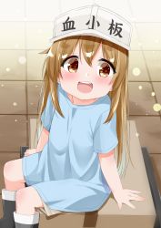 Rule 34 | 10s, 1girl, :d, black footwear, blue shirt, blush, boots, brown eyes, brown shorts, cacao (chocolat), character name, clothes writing, commentary request, flat cap, hair between eyes, hat, hataraku saibou, highres, light brown hair, long hair, looking at viewer, open mouth, platelet (hataraku saibou), round teeth, shirt, short shorts, short sleeves, shorts, smile, solo, teeth, upper teeth only, very long hair, white hat