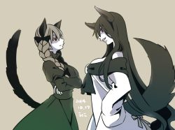Rule 34 | animal ears, cat ears, cat tail, commentary request, crossed arms, dated, dress, imaizumi kagerou, kaenbyou rin, long hair, namauni, smile, tail, touhou, very long hair, wolf ears, wolf tail