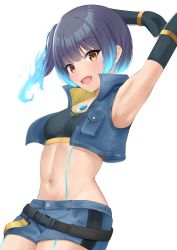 Rule 34 | 1girl, :d, absurdres, armpits, arms up, black gloves, blue hair, blue jacket, blue shorts, blunt bangs, breasts, chest jewel, crop top, dark-skinned female, dark skin, denim, denim shorts, elbow gloves, fingerless gloves, gloves, highres, jacket, long hair, looking at viewer, midriff, navel, open mouth, sena (xenoblade), shorts, side ponytail, small breasts, smile, solo, sports bra, suetan922, tattoo, xenoblade chronicles (series), xenoblade chronicles 3, yellow eyes