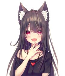 Rule 34 | 1girl, :d, animal ear fluff, animal ears, black shirt, brown hair, hand to own mouth, heart pendant, highres, kyubi (99b 1226), long hair, off shoulder, open mouth, original, red eyes, shirt, short sleeves, simple background, smile, solo, upper body, white background
